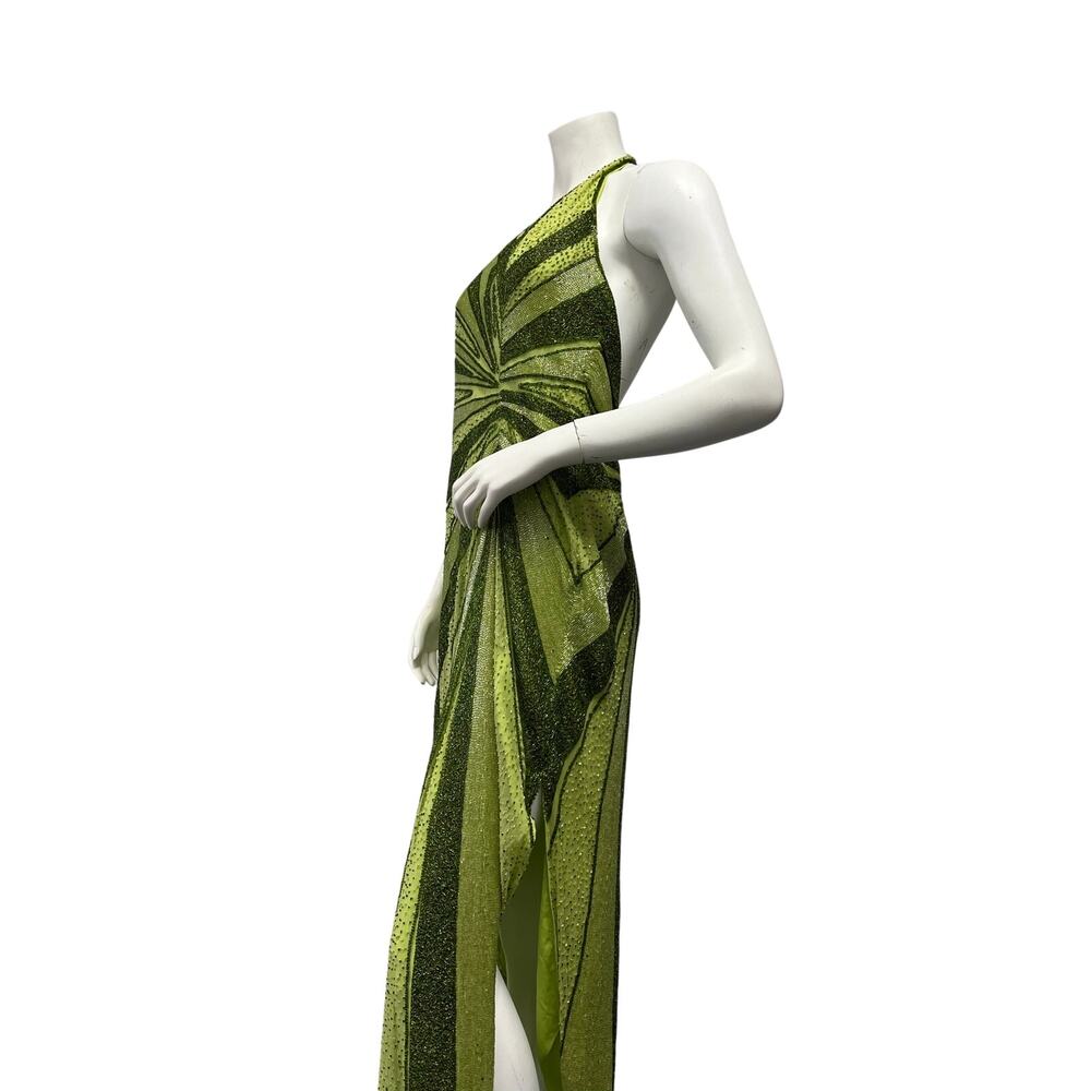 Vintage Caché Silk Beaded Halter Evening Gown Lime Green Y2K Formal Dress Large - Picture 3 of 10